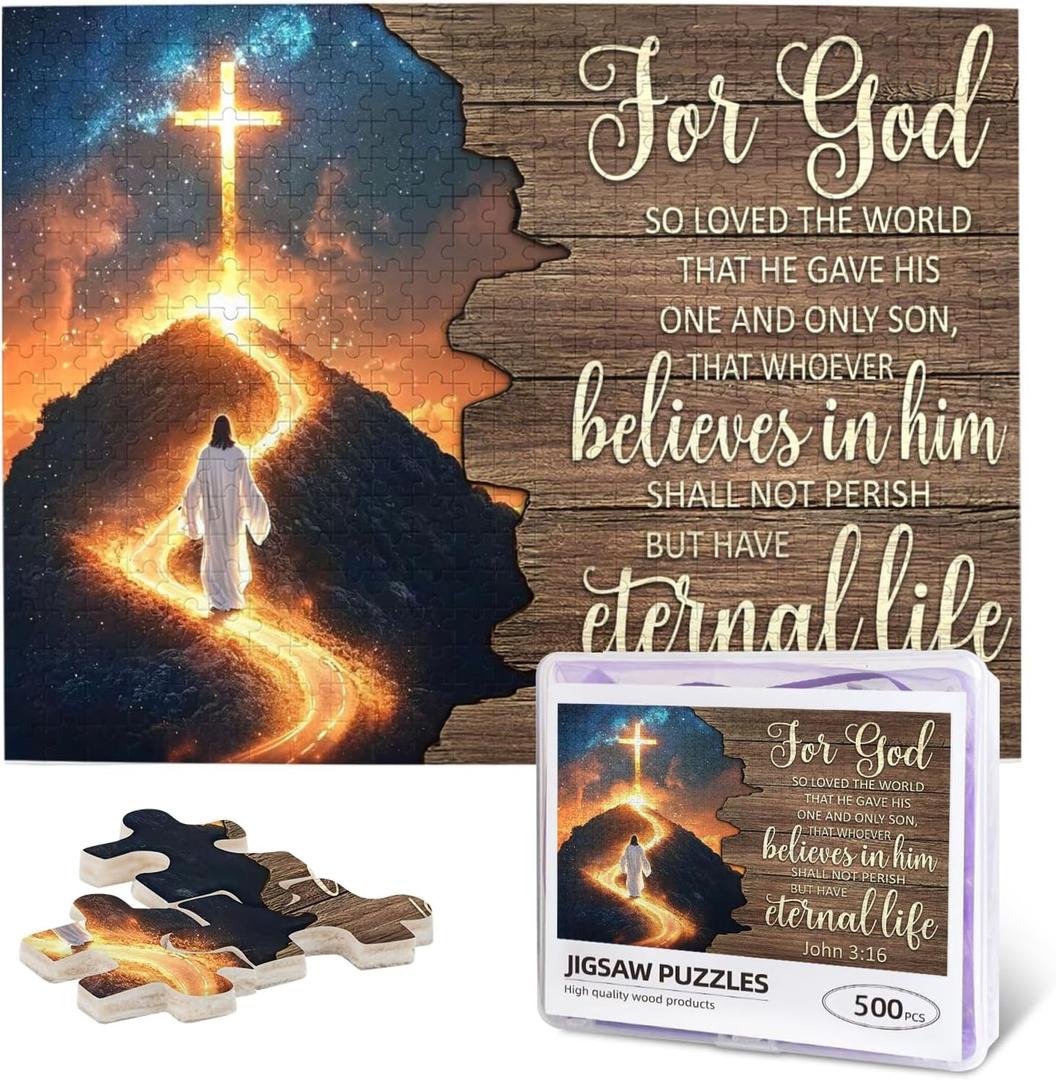 Christian Jigsaw Puzzles 500 Pieces for Adults, John 3:16 with Jesus' Path to Glowing Cross Under Stars, Uplifting Bible Verse Wooden Puzzle, Faith-Based Gift