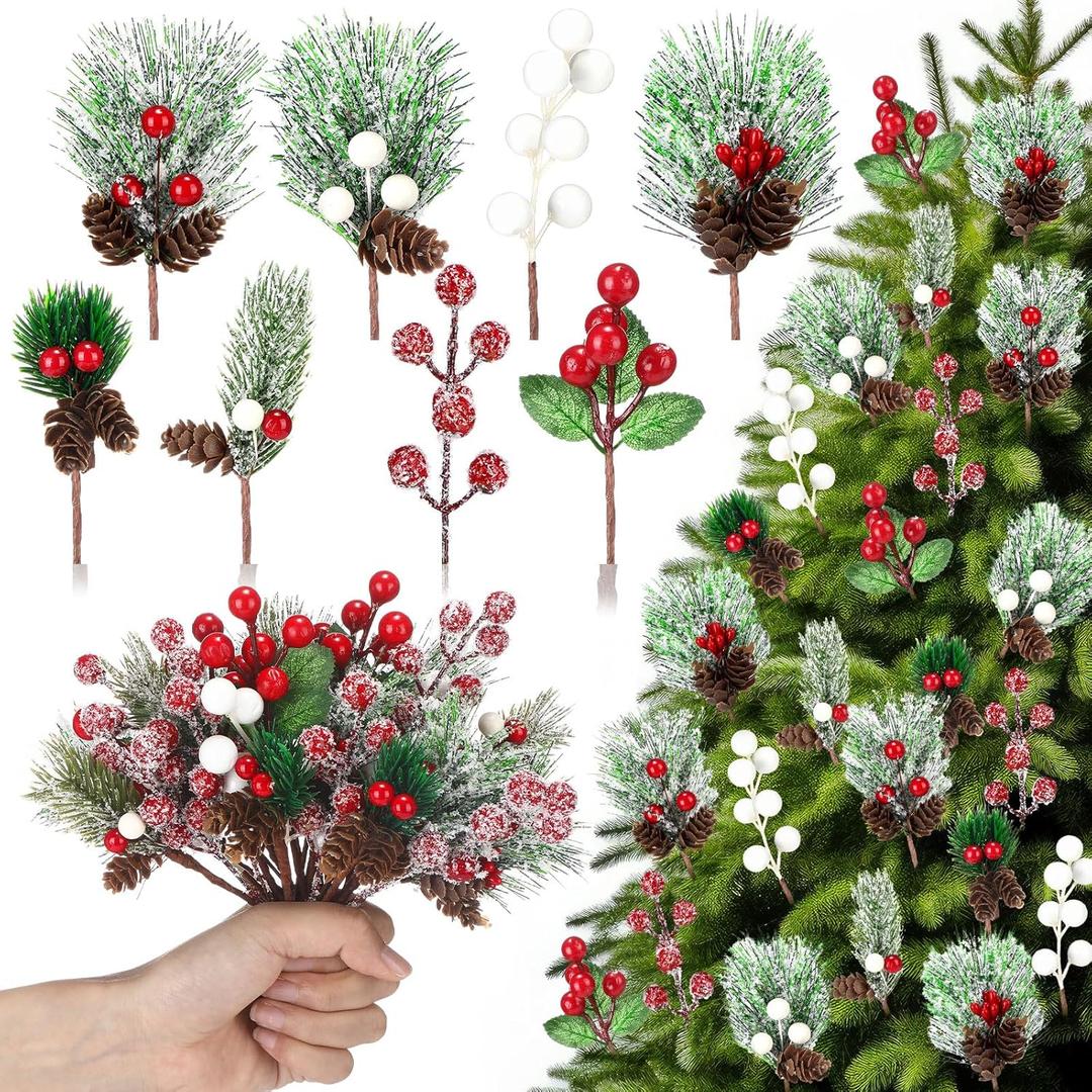 Retrowavy 56 Packs Artificial Christmas Picks Red Berry Stems Sprays Faux Cedar Holly Pine Needles Branches Snow Christmas Tree Picks Decorations for Xmas Winter Holiday DIY Crafts Wreath Tree Retrowavy 56 Packs Artificial Christmas Picks Red Berry Stems Sprays Faux Cedar Holly Pine Needles Branches Snow Christmas Tree Picks Decorations for Xmas Winter Holiday DIY Crafts Wreath Tree