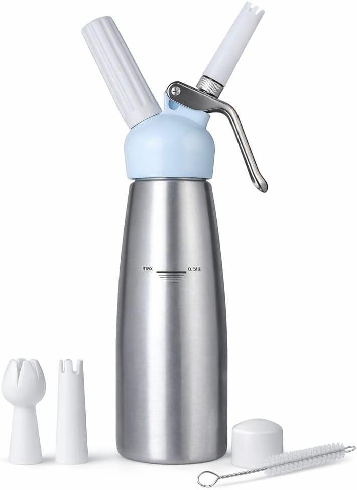 KITZA Whipped Cream Dispenser, 500ML Aluminum Cream Whipper with 3 Decorating Nozzles and Cleaning Brush