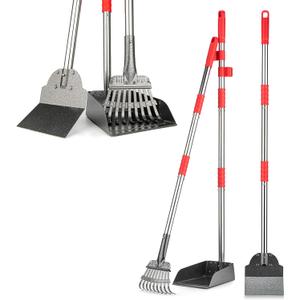 Pooper Scooper, Long Handle Dog Pooper Scooper, Heavy Duty Stainless Steel Rake with Tray & Spade Set for Pet Waste Removal, for Grass, Dirt or Gravel (Red)