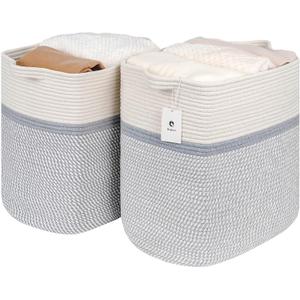 Storage Baskets for Clothes Fabric Cotton Rope Storage Basket with Handles, Decorative Woven Basket for Living Room,Closet Organizer Blankets, and 2bags (White/Gray, L14W11H14)