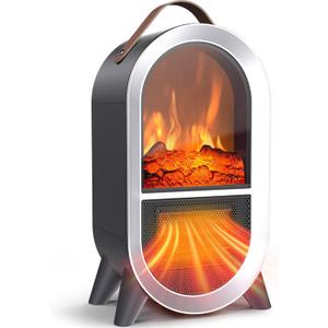 Portable Electric Fireplace Heater, 1500W/750W Mini Space Heater for Indoor Use with 3D Flame, Thermostat, Carry Handle, Overheat & Tipover Protection, for Home Office Bedroom Desk, Black