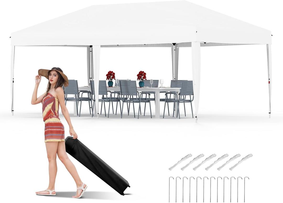 GarveeLife 10x20 Pop Up Canopy - Easy Up Camping Tent with One Roller Bag, 3 Adjustable Height, 4 Weight Bags for Deck, Garden, Sports, Beach, Party - White