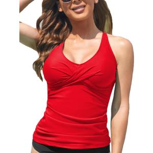 Fanuerg Tankini Top Only Twist Front Bathing Suit Tops for Women Tummy Control Tank Tops V Neck Swimsuit Top No Bottom (Small, Red)