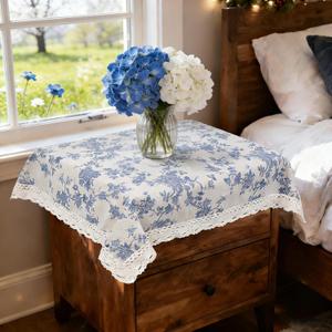 Small Blue Floral Tablecloth Square 24 x 24 inch, Spring Burlap Linen Nightstand Cover, French Vintage Table Cover, End Bedside Chinoiserie Flower Table Cloth, Washable Farmhouse Blue Home Decor
