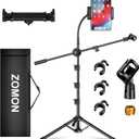 Mic Stand, 6-in-1 Microphone Stand with Floor Boom, Support Boom, Gooseneck, Mic Clips, Tablet Phone Holder, Black, Metal, Portable, Adjustable