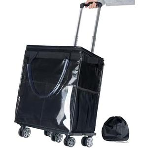 Reusable Grocery Bags on Wheels, Rolling Tote Bag, Portable Shopping Cart for Groceries with Wheels and Drawstring Bag, Trolley, 54L, Foldable, Black
