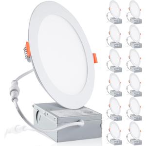 12-Pack 6 Inch LED Recessed Lights 6500K Daylight Ultra-Thin Canless Wafer Downlight with Junction Box, 12W 1050LM Ceiling Lights for Kitchen Living Room Hallway Office&FCC