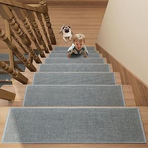 Stair Treads Carpet 7 pcs for Wooden Steps with Non Slip Rubber Backing, 100% Polyester Soft Stairs Resistant Indoor Skid Runner Safety Rugs for Kids Elders and Pets 30" * 8" (Gray-Dense Knitting)