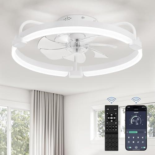 LEDIARY Ceiling Fans with Lights and Remote, 16'' Low Profile Ceiling Fan with Light, 3000-6000K Dimmable Fandelier LED Fan Light, 6 Wind Speeds, White Modern Flush Mount Ceiling Fan for Bedroom