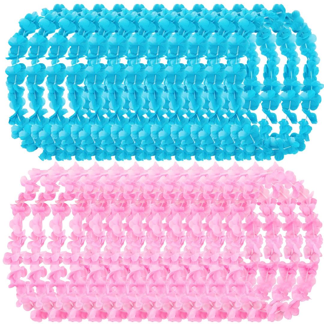 Tigeen 72 Pcs Holiday Leis Decorations Bulk Hawaiian Flower Leis Tropical Necklace Decorations for Baby Shower Carnival Luau Birthday Party Favor(Pink, Blue)