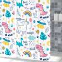 Dreamy Theme Bathroom Dino Dinosaur Rainbow Magical Shower Curtain with Hooks, Waterproof Polyester Fabric, 48x72 Inch