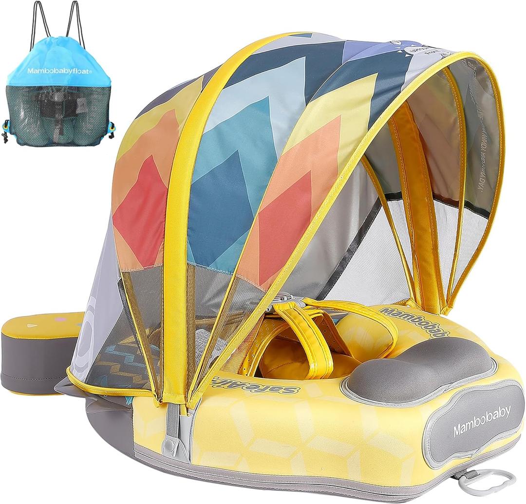 Mambobaby Float Upgrade Add Tail Baby Float with Canopy for Infant Waist Swimming Ring Swim Trainer Non-Inflatable Floats Toys with Adjustable Safety Strap (Yellow - Colorful Fish)