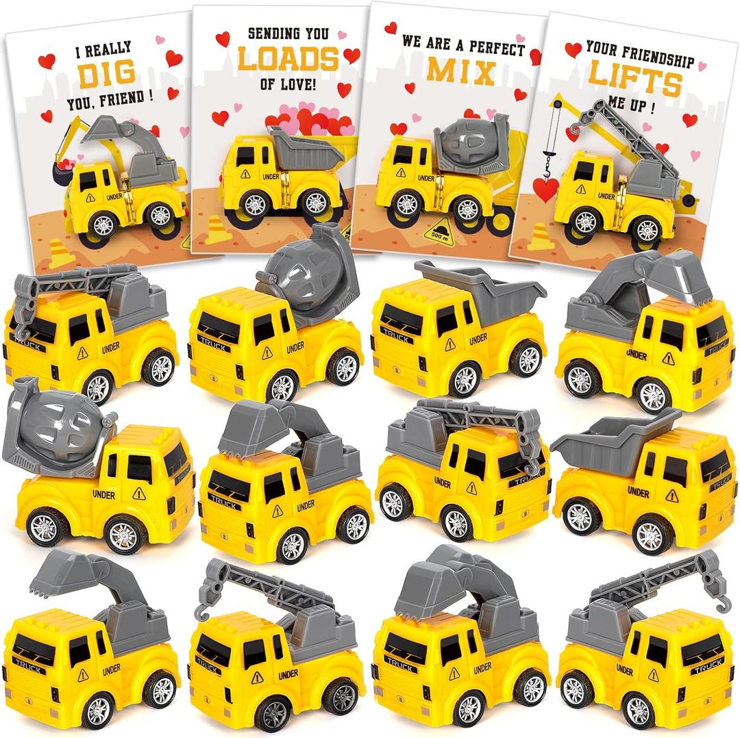 Jumlys Valentines Day Cards for Kids Classroom, 24 Packs Valentines Cards with Construction Vehicle Toys, Perfect Valentines Party Favors for Boys Girls, Ideal Kids Exchange Cards for School