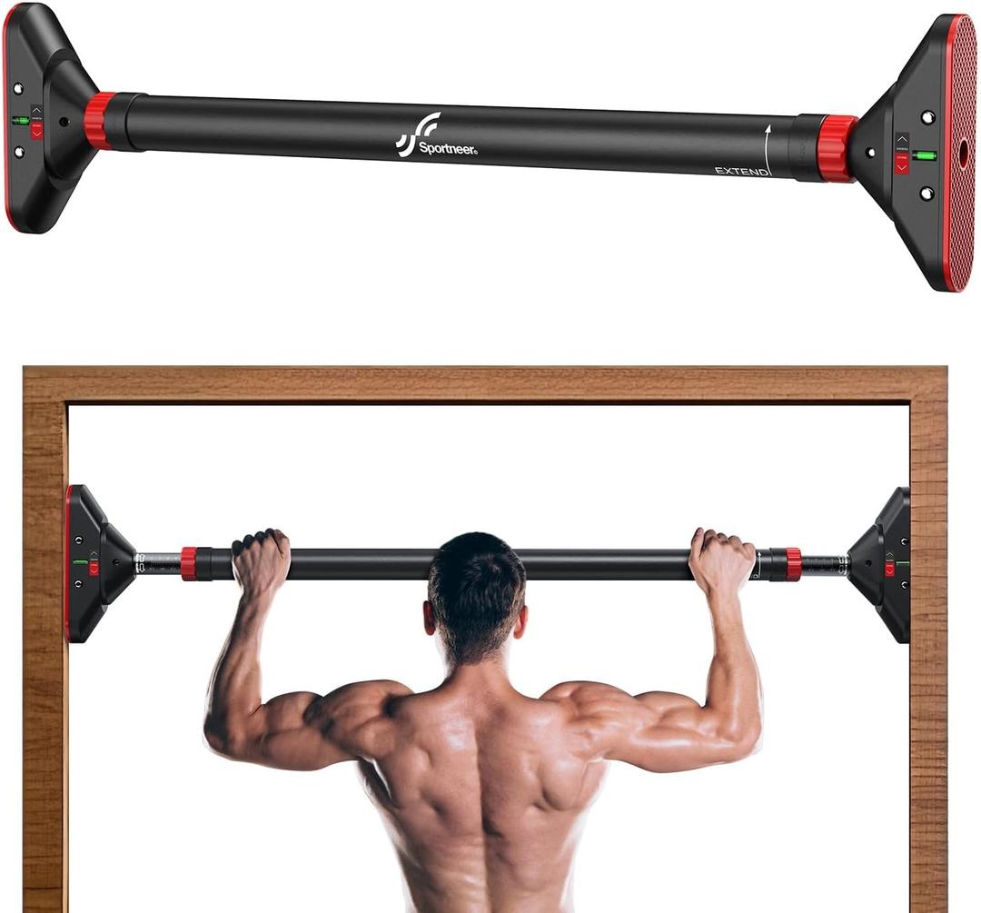 Sportneer Pull Up Bar: Strength Training Pull-up Bars without Screw - Adjustable Width Locking Mechanism Chin Up Bar, Thickened Steel Max Limit 440 lbs Upper Body Fitness Pullup Bars for Home (Black-Red)