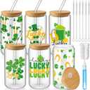 6 Pcs St Patrick's Day Glass Cups Shamrock Tumbler with Bamboo Lids and Straws 16 oz Irish Lucky Clover Reusable Can Shaped Drinking Glasses Bulk for St Patrick's Day Party Supplies