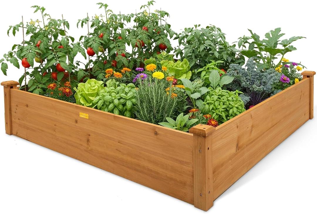 Hollyone 4x4 Raised Garden Bed Wood Frame Planters Wooden Elevated Planting Planter Box for Outdoor Herb Vegetables Flowers Grass Lawn Yard Patio - Natural Brown 48" X 48" inches