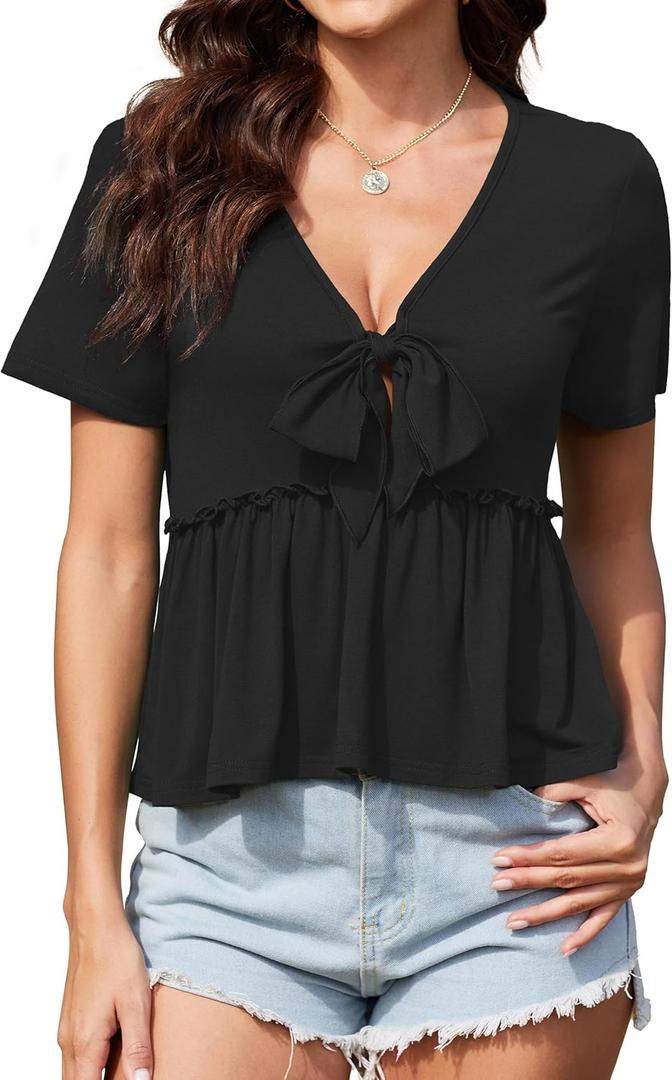 ArtJuly Womens Sexy V Neck Tops Summer Cute Ruffle Shirts Cutout Tie Bow Blouse Short Sleeve Crop Tops (Large, Black)
