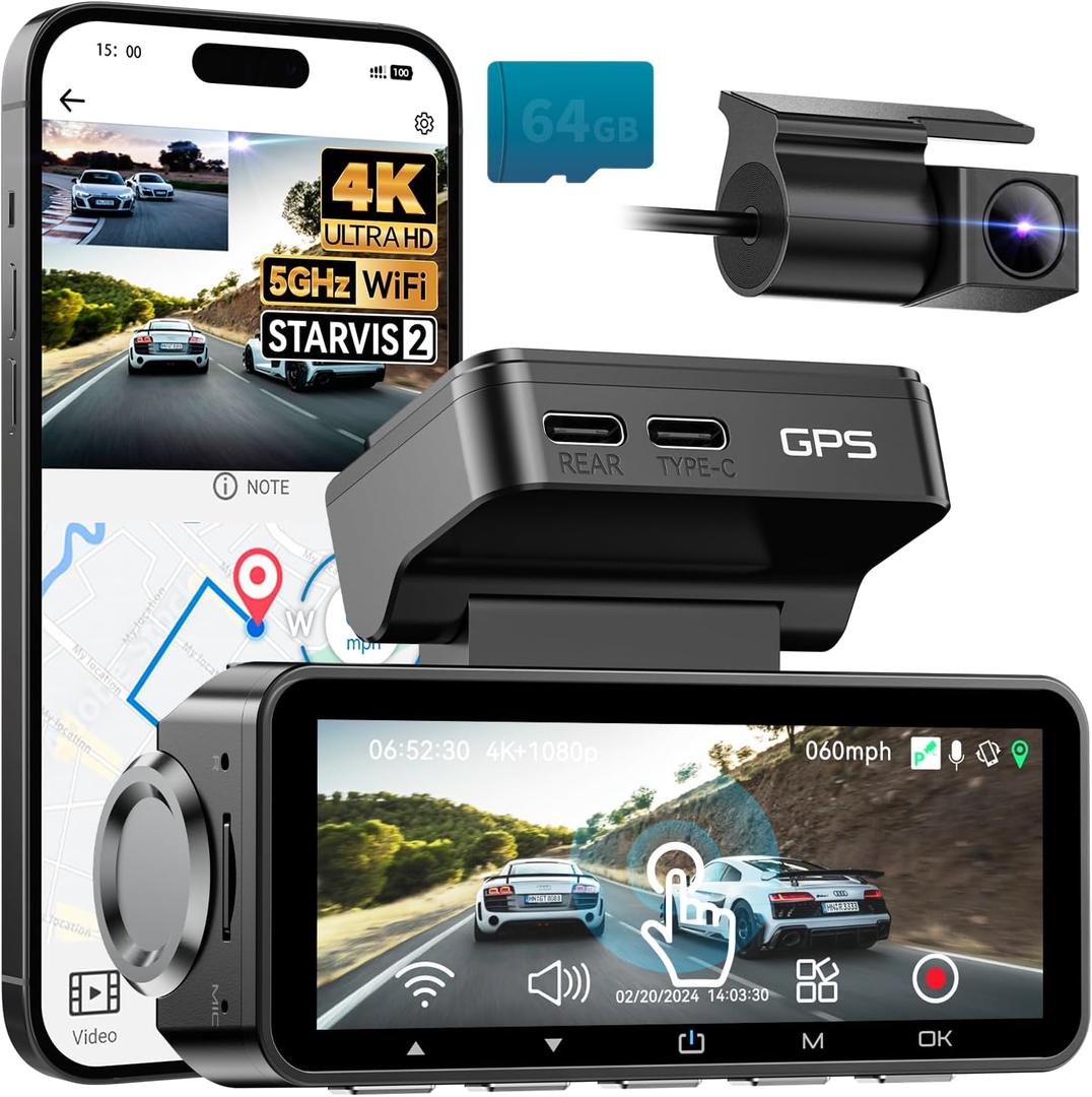 FOCUWAY Dash Cam Front and Rear, Real 4K@30fps/2K@60fps+1080P@30fps Dash Camera for Car, Touchscreen, Voice Control, with GPS WiFi, HDR Night Vision, 64GB Card, 160 Wide Angle, 24H Parking Mode