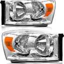 for 2006-2009 Dodge Ram Headlights Assembly for 2006-2008 Dodge Ram 1500, 2006-2009 Dodge Ram 2500/3500 Chrome Housing Amber Reflector Replacement Driver and Passenger Side