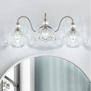 Sunkryster Brushed Nickel 3-Light Bathroom Vanity Light with Floral Clear Glass Shades, Brushed Nickel Wall Mount Lighting for Bathroom, Dressing Table