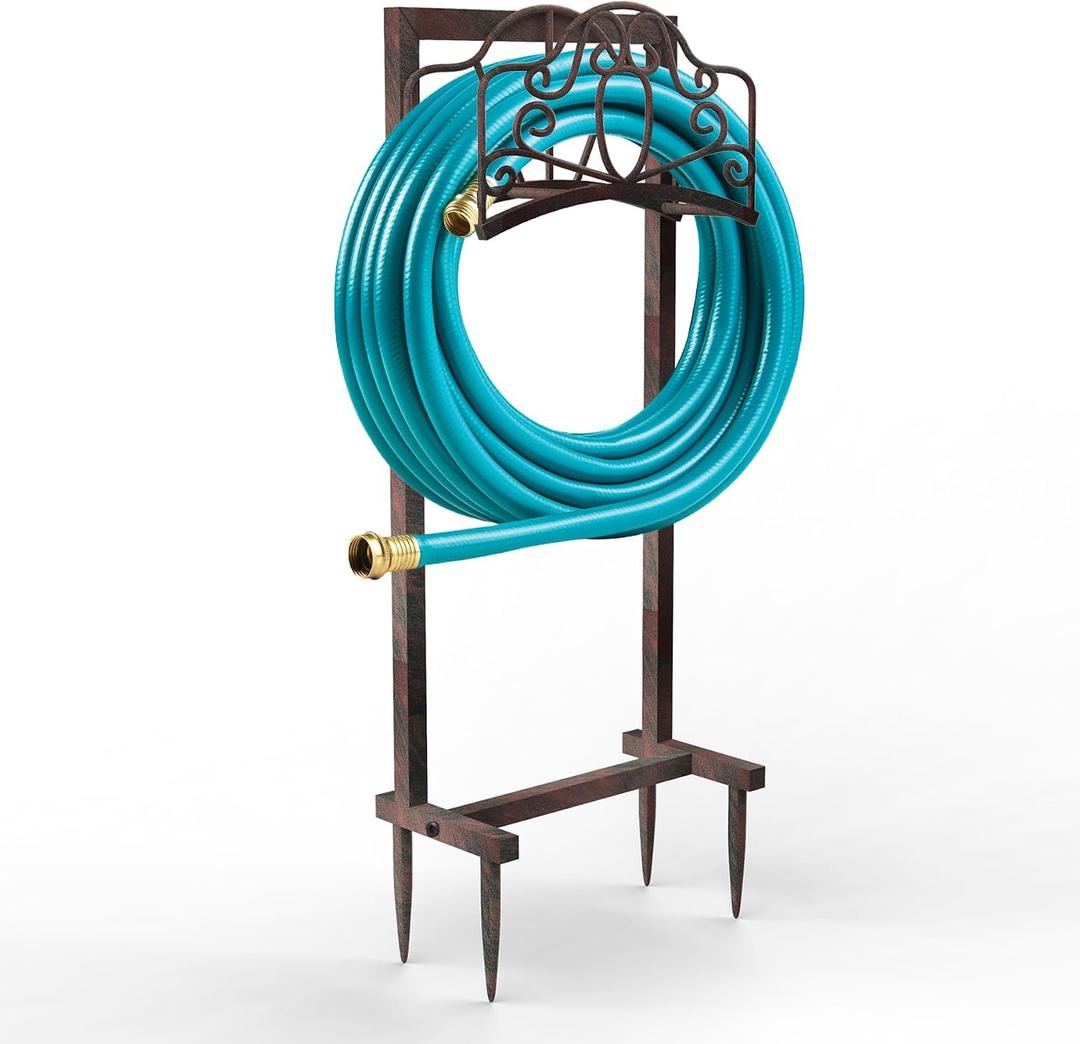 Garden Hose Holder Hanger Freestanding, Upgraded 4-Spike Heavy Duty Storage Reel Stand, Holds 150ft Hose for Outside Yard Lawn (Rustic Floral, Metal)