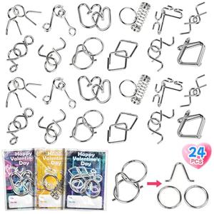 24 Pcs Valentine’s Day Gift Metal Brain Teaser Puzzles Set with Cards for Boys and Girls Unlock Interlock Game Fidget Party Favors School Exchange Classroom Prizes for Older Kids Teens Adults