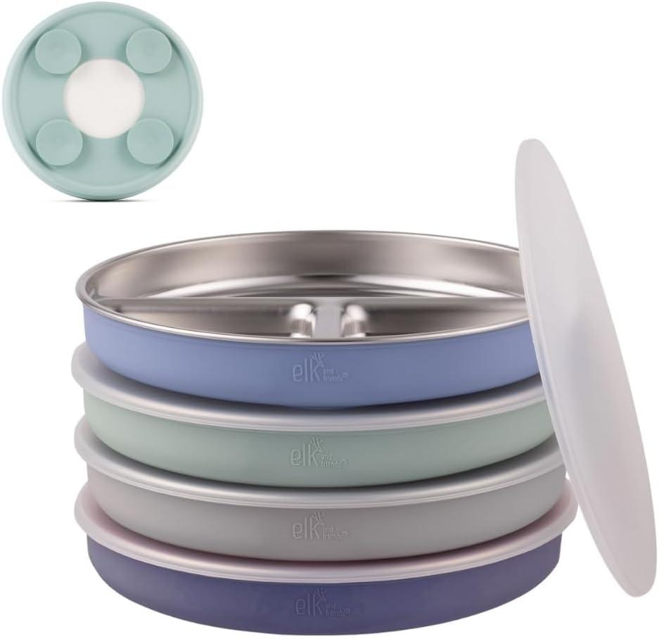 Elk and Friends Stainless Steel Divided Plates with Silicone Sleeve for Babies & Toddlers | Lids Included | Stay Put Suction | Dinner & Snack Plates | 4 Pack (Sage/Misty Blue/Navy/Gray)
