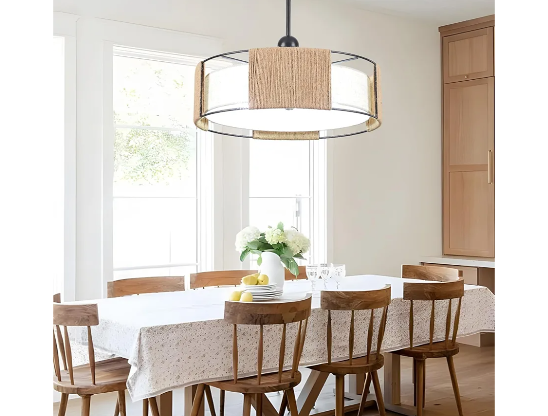 19.7" Rattan Chandelier ，5-Light Boho Dining Room Chandelier，Rustic Chandelier with Fabric lampshade，Suitable for Farmhouse Dining Room ，Living Room， Kitchen Bedroom， Hallway Stairs Hanging