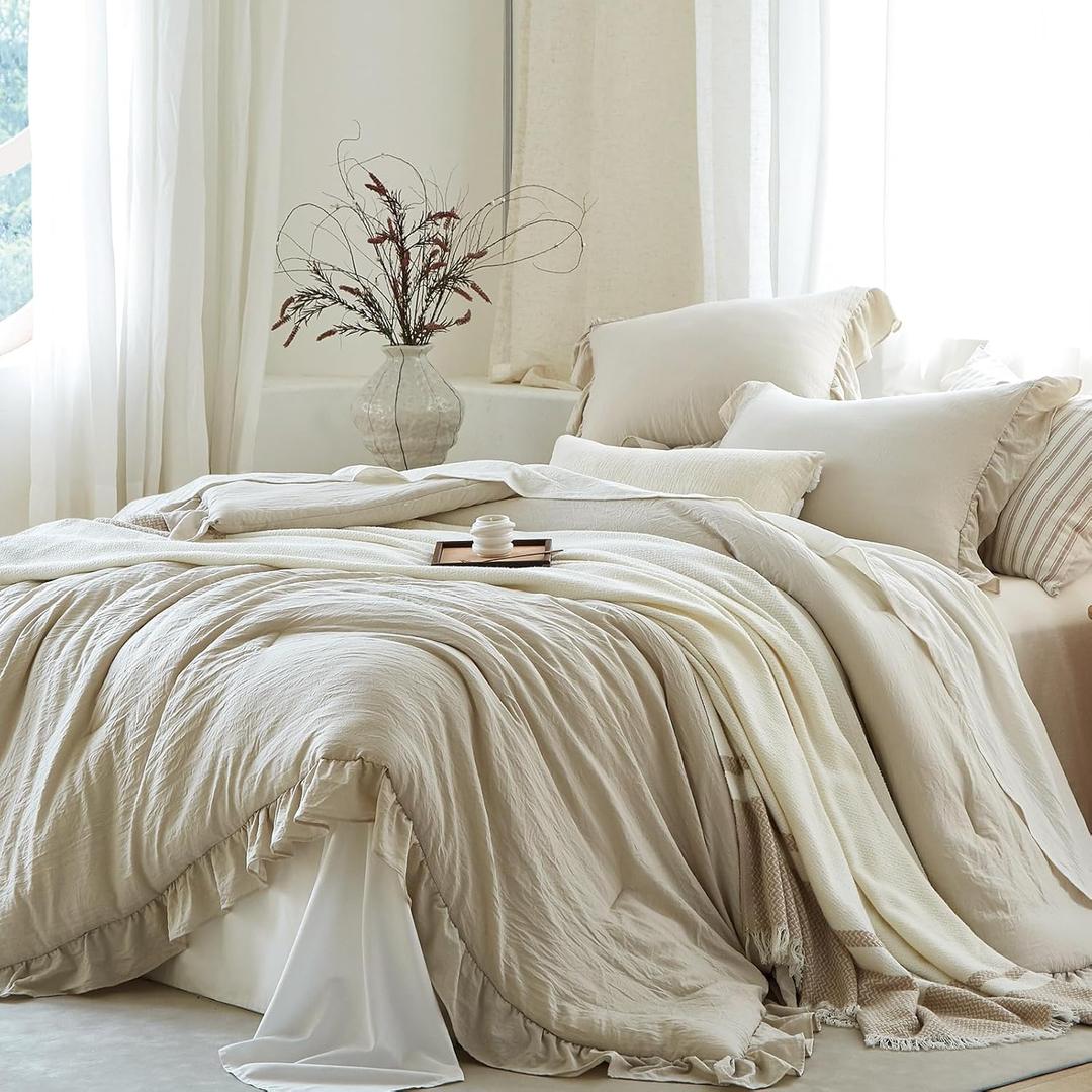 Beige Ruffle Comforter Set Queen, Pre-Washed Shabby Chic Bedding Set, Lightweight Cottagecore Soft Romantic Cozy 1 Comforter & 2 Shams, All-Season