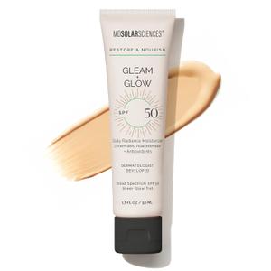 MDSolarSciences Gleam + Glow Sunscreen SPF 50 | Sheer Glow Tinted Moisturizer with Broad Spectrum UV Protection | Infused with Antioxidants, Ceramides & Vitamin C | Safe for Sensitive Skin (1.7 Fl Oz)