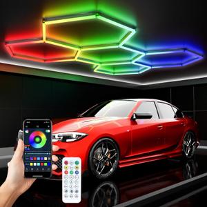 RGB Hexagon LED Light 5-Grid | Hexagon Garage Lights | 356 Color Modes | Music Sync | Smart App & Remote Control | Gaming Room Garage Bedroom Lighting