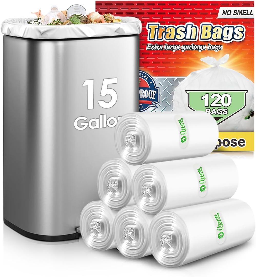 15 Gallon 120 Counts Strong Tall Kitchen Trash Bags,Fit 13,15,16,18 Gal,Garbage Bags by Teivio, Bin Liners, Plastic Bags for home Office,Clear for Bathroom, Clear
