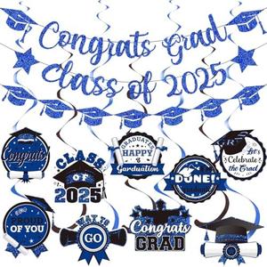Pack of 3 Glitter Blue Congrats Grad Banner Class of 2025 Graduation Banner Class of 2025 Graduation Party Decorations Congrats Decorations 2025 for Grade