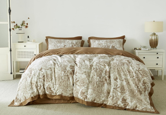 SUSYBAO Taupe Botanical Duvet Cover King 100% Cotton 3 Pcs Set 1 Taupe Floral Hemmed Duvet Cover with Zipper Ties 2 Pillow Shams Luxury Soft Vintage French Style Flower Bedding Set