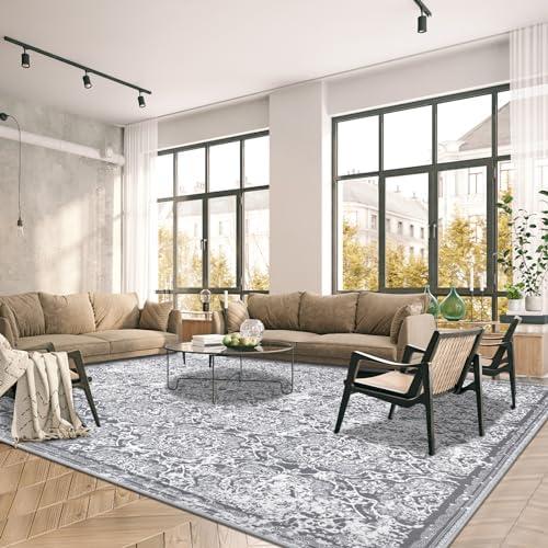 Vaukki Living Room Rug, Vintage Shaggy Soft Laundry Rug, Non Slip Kitchen Area Mat, Washable Farmhouse Bedroom Area Carpet for Bathroom, Kitchen and Kidsroom (243× 304cm, Grey)