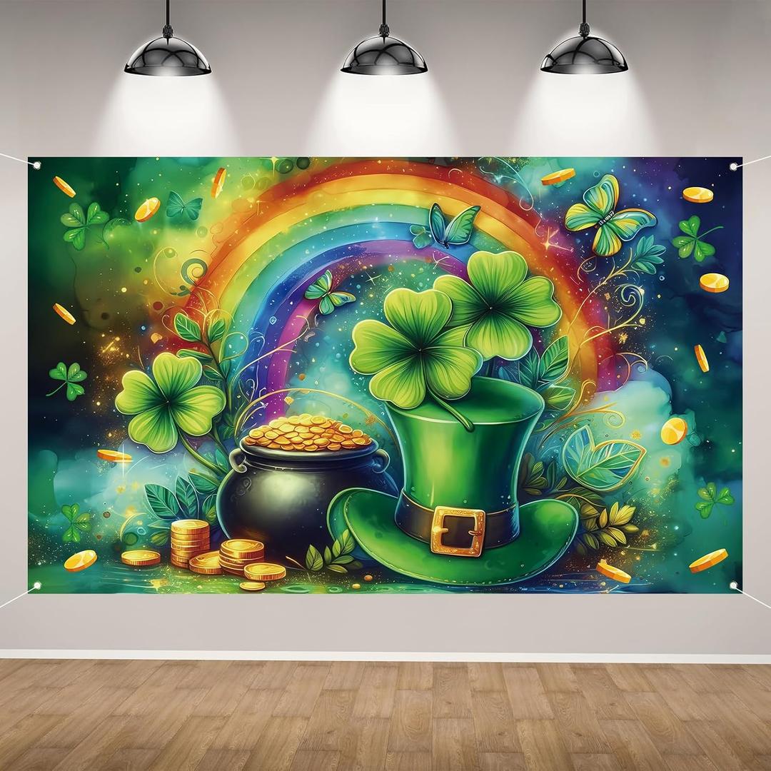Happy St Patricks Day Photo Backdrop Rainbow Gold Coins Green Shamrock Lucky Clover Banner St. Patrick's Day Party Decorations and Supplies for Home-7143''