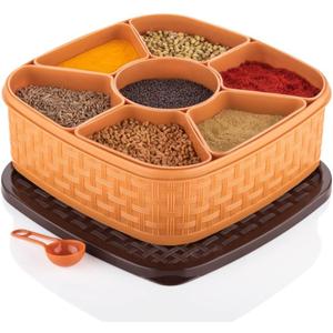 Plastic Square Multipurpose Masala/Spice/Dry Fruit Box Set 1 Piece- Brown (Masala Box -7 in 1)