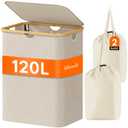 Lifewit 120L Laundry Basket with Lid, Clothes Hampers for Laundry with Bamboo Handles and 2 Removable Bag, Large Foldable Laundry Hamper for Bedroom, Bathroom, Dorm, Laundry Room, Beige