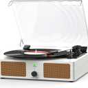 Vinyl Record Player with Built-in Speakers and USB,Belt-Driven Bluetooth Turntable with 3 Speed AUX Input Headphone Jack and RCA Output Vintage Wooden White