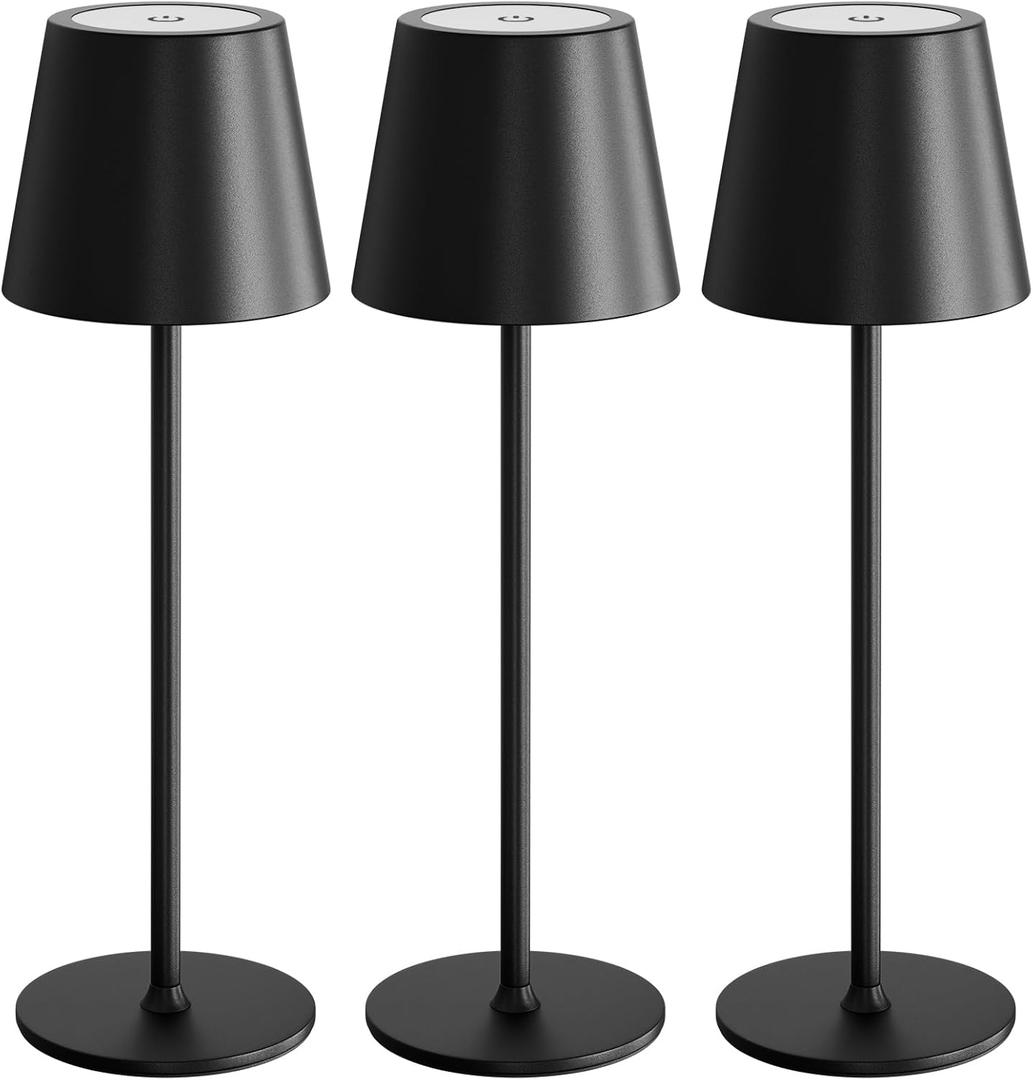 uuffoo 3 Pack Cordless Table Lamp Rechargeable 5000mAH Battery Operated Lights Touch Control LED Portable Desk Lamps 3 Color Dimming for Outdoor Coffee Bedroom Kitchen (Black)