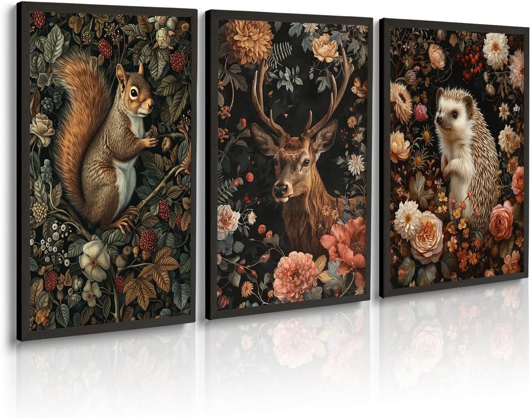 William Morris Wall Art Deer Squirrel Painting Prints Large Gothic Animal Canvas Wall Art for Living Room Dark Academia Artwork Pictures Moody Botanical Wall Decor 16"X24"X3PCS Unframed (Black Yellow)