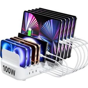SooPii Multi USB Charging Station,100W 10-Port Type C Fast lPad Charging Station for Multiple Devices with Adjustable Dividers, Charger Organizer Compatible with Phone, Tablet,Kindle and More(White)