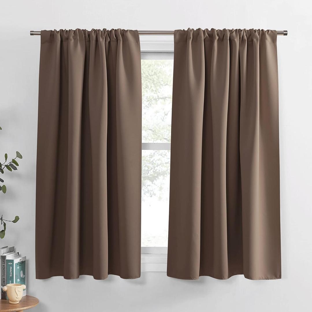 PONY DANCE Basement Window Curtains - Small Window Drapes for Cafe Bedroom Rod Pocket Room Darkening Curtain for Bathroom/Nursery/Kitchen, 42 inch Wide x 40 inch Long, 1 Pair, Mocha
