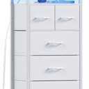 Furnulem Dresser for Bedroom, Tall Nightstand, Vertical Chest with Wood Top, Charging Station, LED Lights, 5 Fabric Bins, Bedside Table with Shelf, Furniture for Entryway (5 Drawer, White)