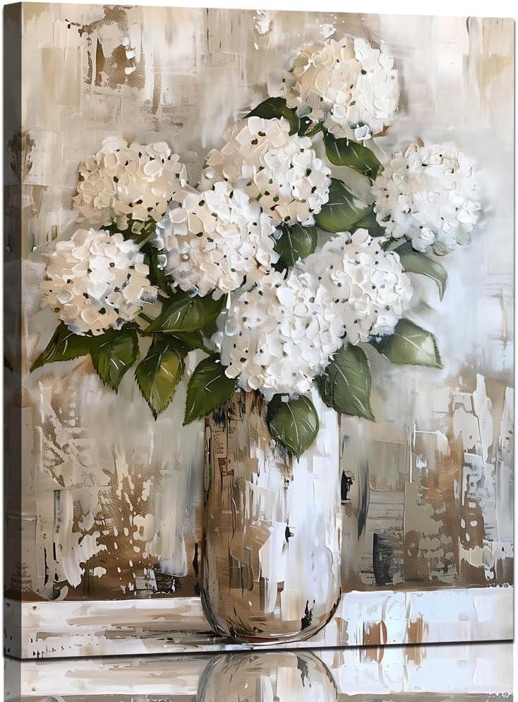 Bathroom Wall Art White Hydrangea Decor Flower Canvas Pictures Vintage Floral Painting for Bedroom Abstract Farmhouse Art Print for Dining Room Living Room Home Office Decorations 12x15 Inches
