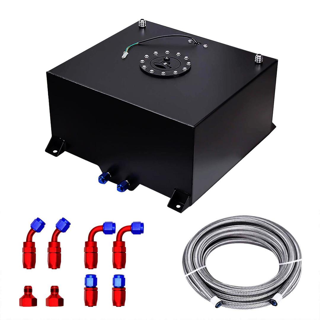 5 Gallon Fuel Cell 20L Universal Gas Tank Aluminum Polished Racing Drift Fuel Tank with Level Sender & 6AN 12FT Fuel Line Kit, Quick Release Fuel Cap, Black