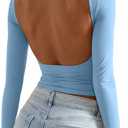SUUKSESS Women Backless Going Out Tops Double Lined Open Back Basic Long Sleeve (Small, Sky Blue)