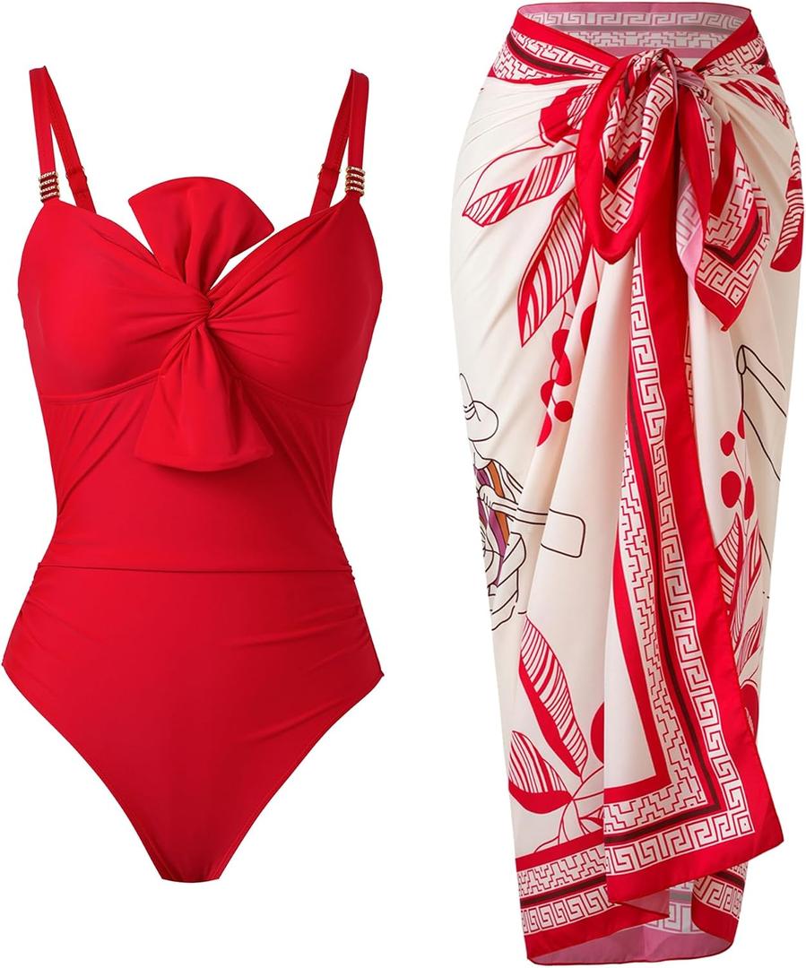 YUNIDMEIM Women's One Piece Swimsuit with Cover Up Set Retro Bathing Suit (Red, L)