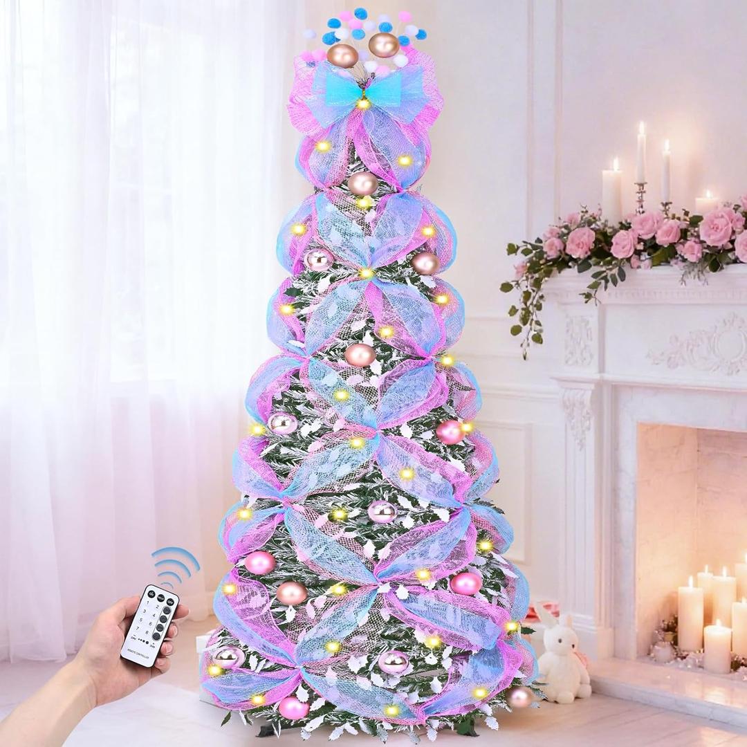 MARTINE MALL 6FT Pop Up Christmas Tree with 180 Warm Lights Silver Collapsible Foldable Flocked Christmas Tree Pull Up Fully Decorated Xmas Trees with 66PCS Christmas Ornaments for Home Indoor Outdoor